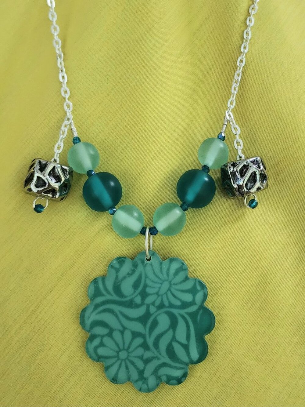 Teal Aqua Floral Pendant Necklace & Clip-On Earrings Set 24"